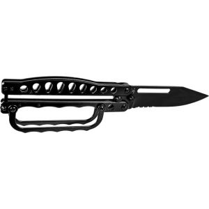 Butterfly Trench Knife with Knuckle Guard, 5 Inch Serrated Blade, Heavy Duty All Metal Construction, Stainless Steel Handle, Latch Safety Lock, Self Defense EDC Knife for Men